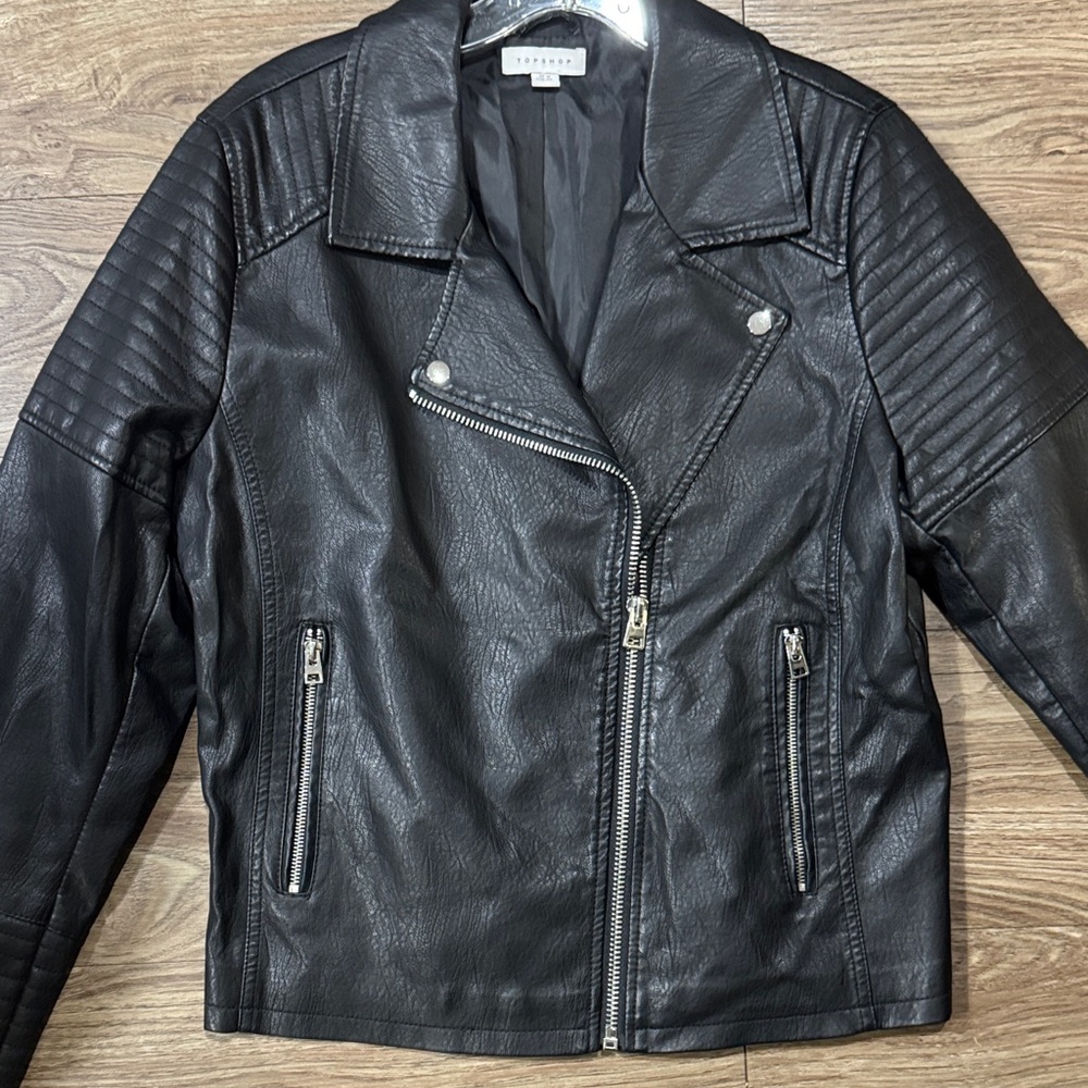 Topshop Black Leather Biker Jacket - Picture 2 of 11
